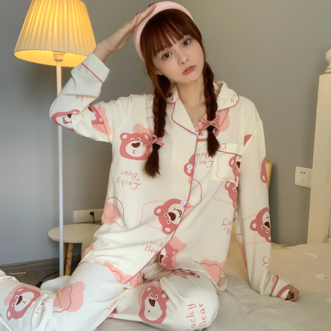 秋冬新款is草莓熊卡通系列睡衣家居服套装厚款宽松休闲女士家居服