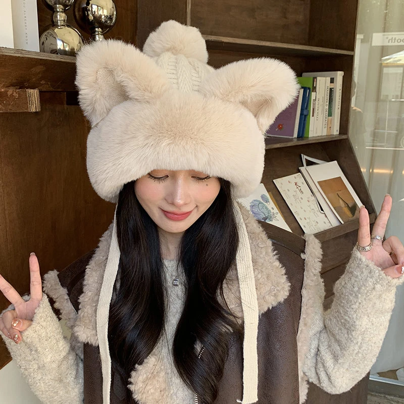帽子冬天狐狸耳朵毛毛绒绒帽子可爱冬季加绒保暖护耳雷锋帽风雪帽
