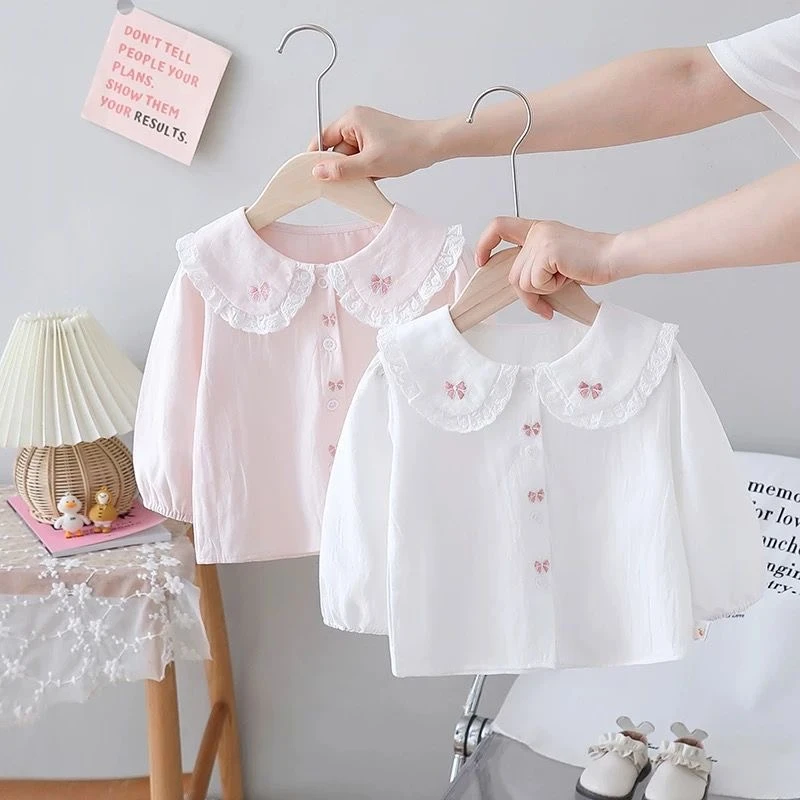 童装女童蝴蝶结翻领衬衫婴儿打底衫女宝宝上衣儿童衬衫春秋款