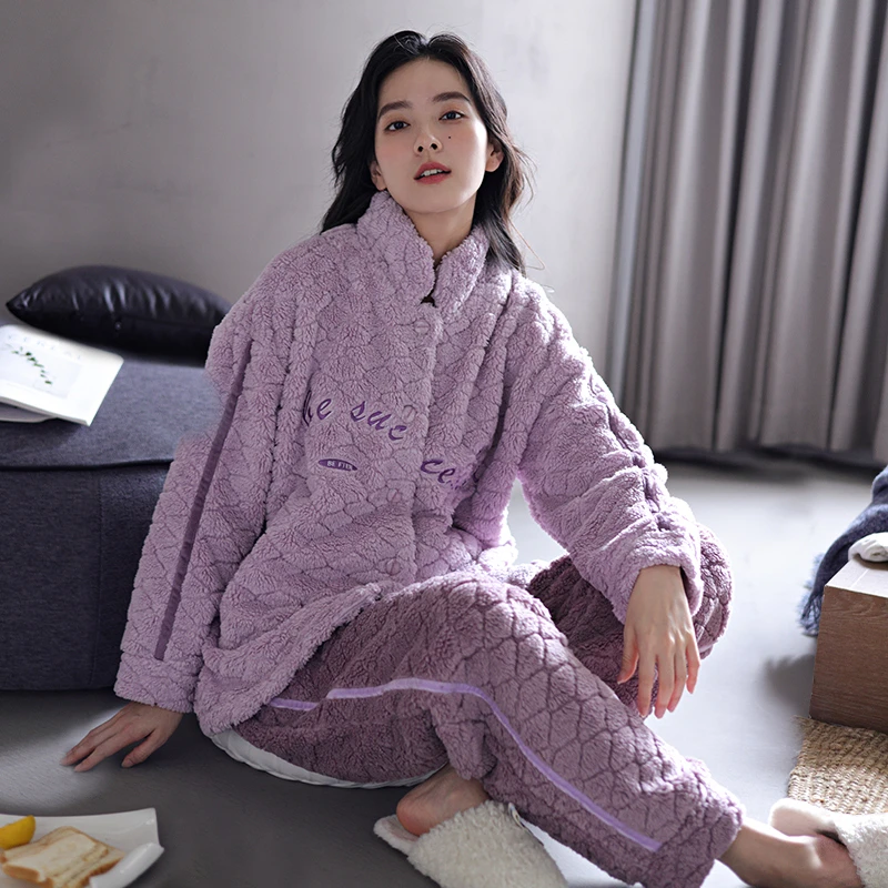 简因素秋冬季珊瑚绒睡衣女加厚加绒2024年新款拉链法兰绒家居服