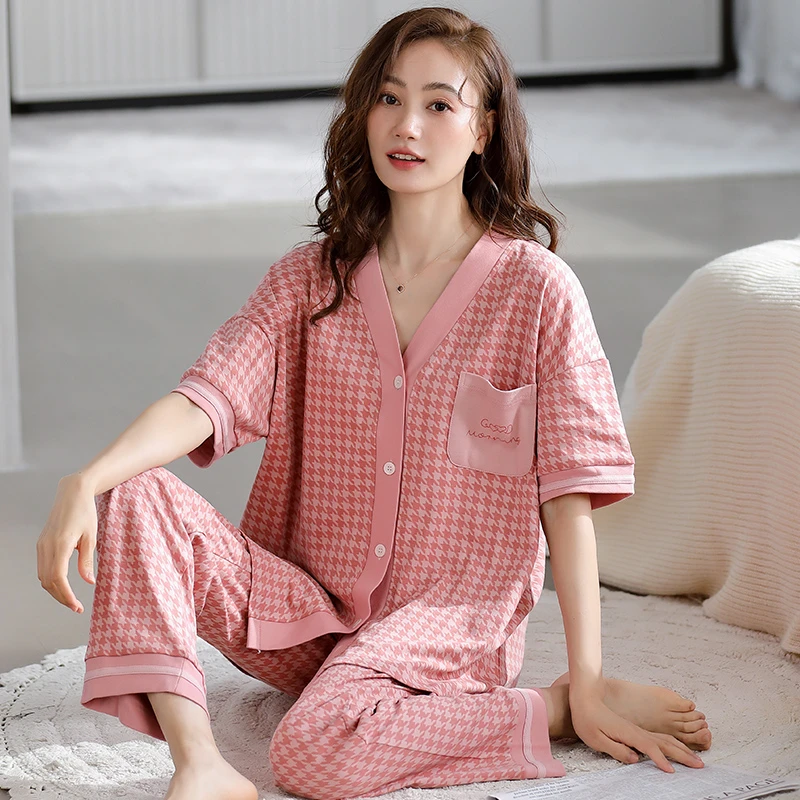 鸭鸭睡衣女士夏季薄款纯棉短袖长裤家居服开衫粉色千鸟格外穿套装