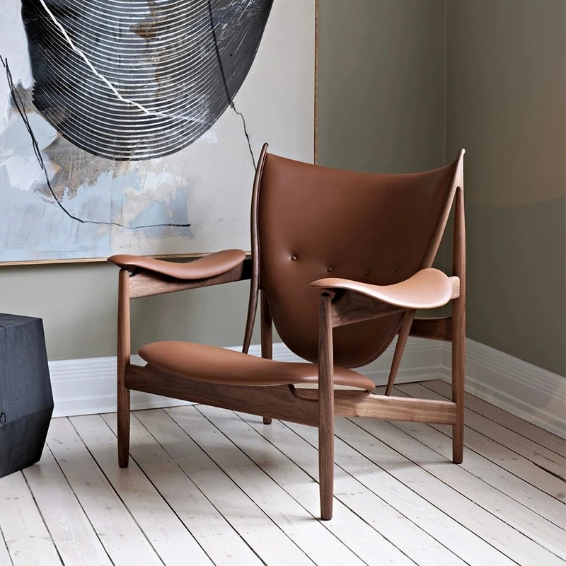 意式主人酋长椅实木真皮椅子单人客厅休闲椅设计师中古沙发椅