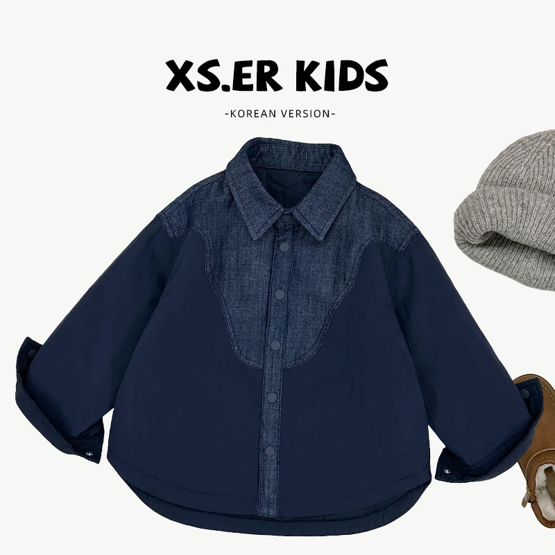 【小首尔】现货-男童时尚牛仔拼接外套冬季保暖加棉加厚棉服HBB6382