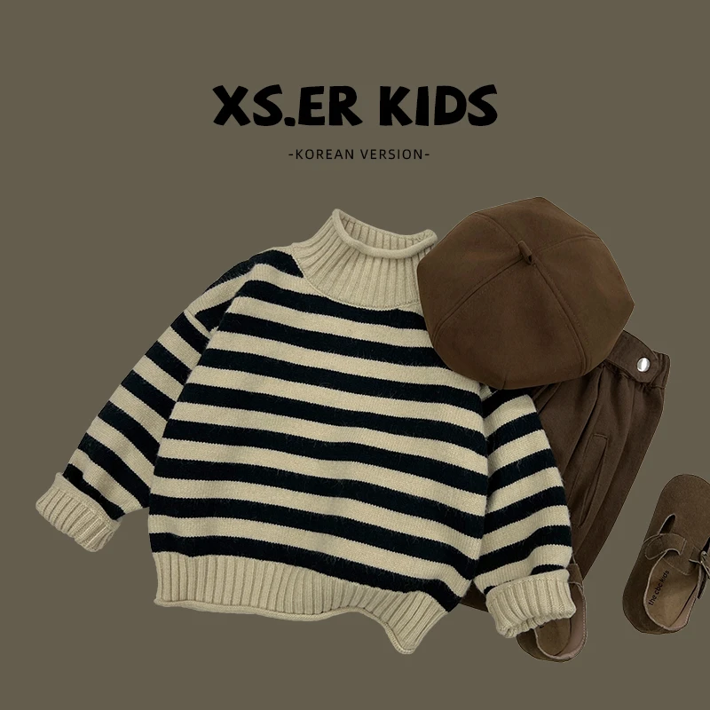 【小南瓜-】现货男童韩版简约高领条纹针织衫秋洋气百搭毛衣HBB0632