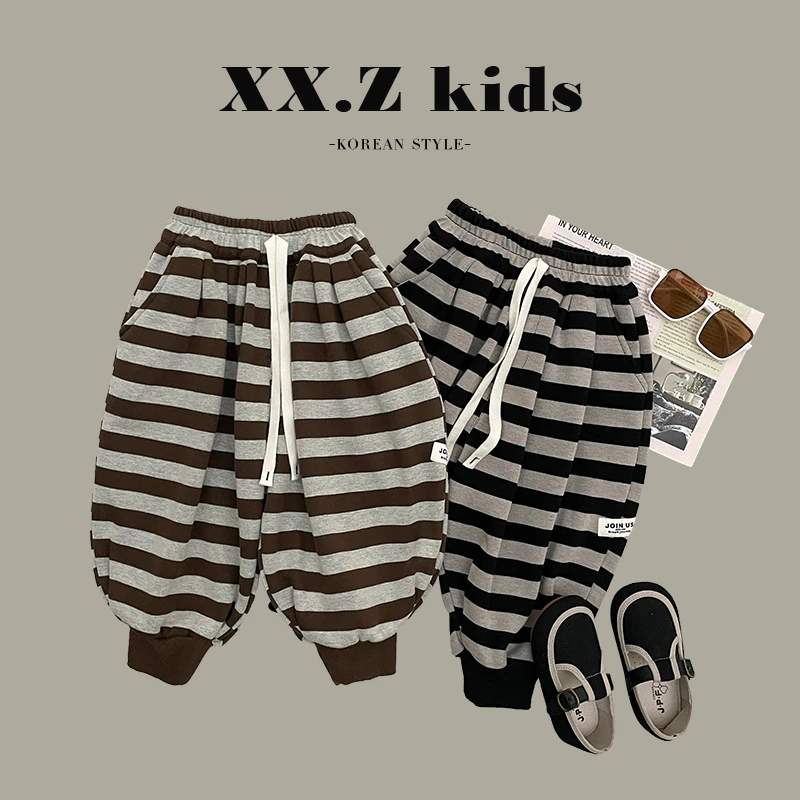 【小南瓜-】冬装儿童韩版经典条纹设计休闲宽松加绒裤子HDM3112