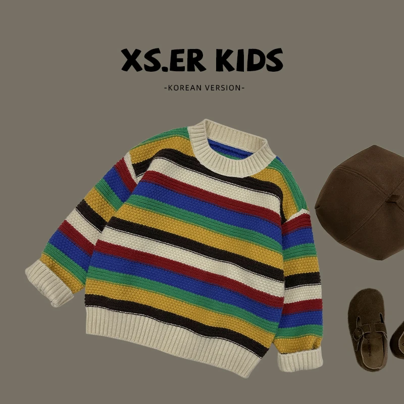 【小首尔】现货-男童韩版洋气彩条针织衫秋季百搭时尚圆领毛衣