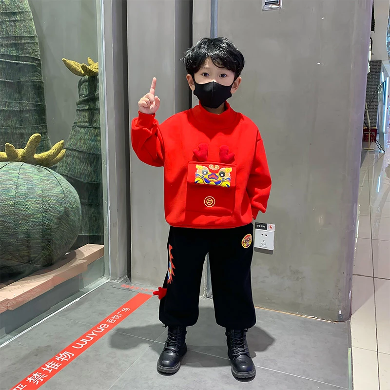 男童拜年服冬季加绒套装儿童男孩2024龙年周岁宝宝过年服中国风