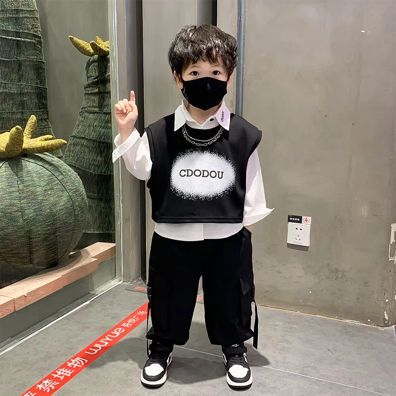 男童套装儿童春秋装背心衬衫工装裤洋气酷帅三件套中小童新款衣服
