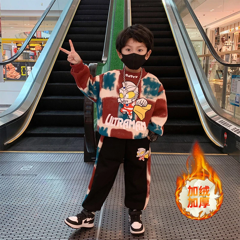 奥特曼衣服男童冬季加绒加厚卫衣套装儿童一体绒冬装2023新款秋冬