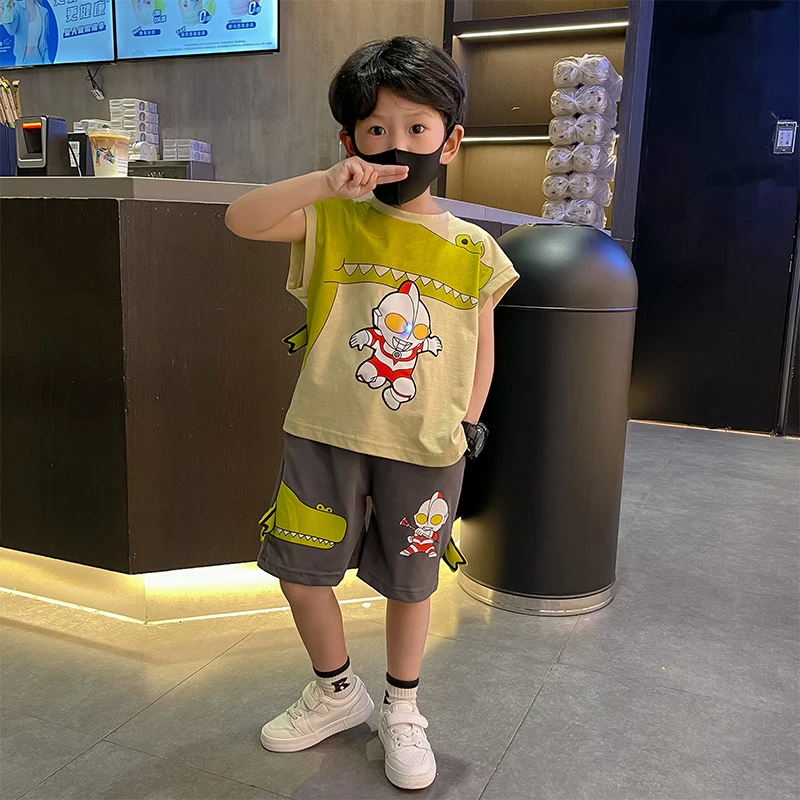 奥特曼衣服男童夏装套装2-10岁洋气宝宝儿童运动无袖背心两件套潮