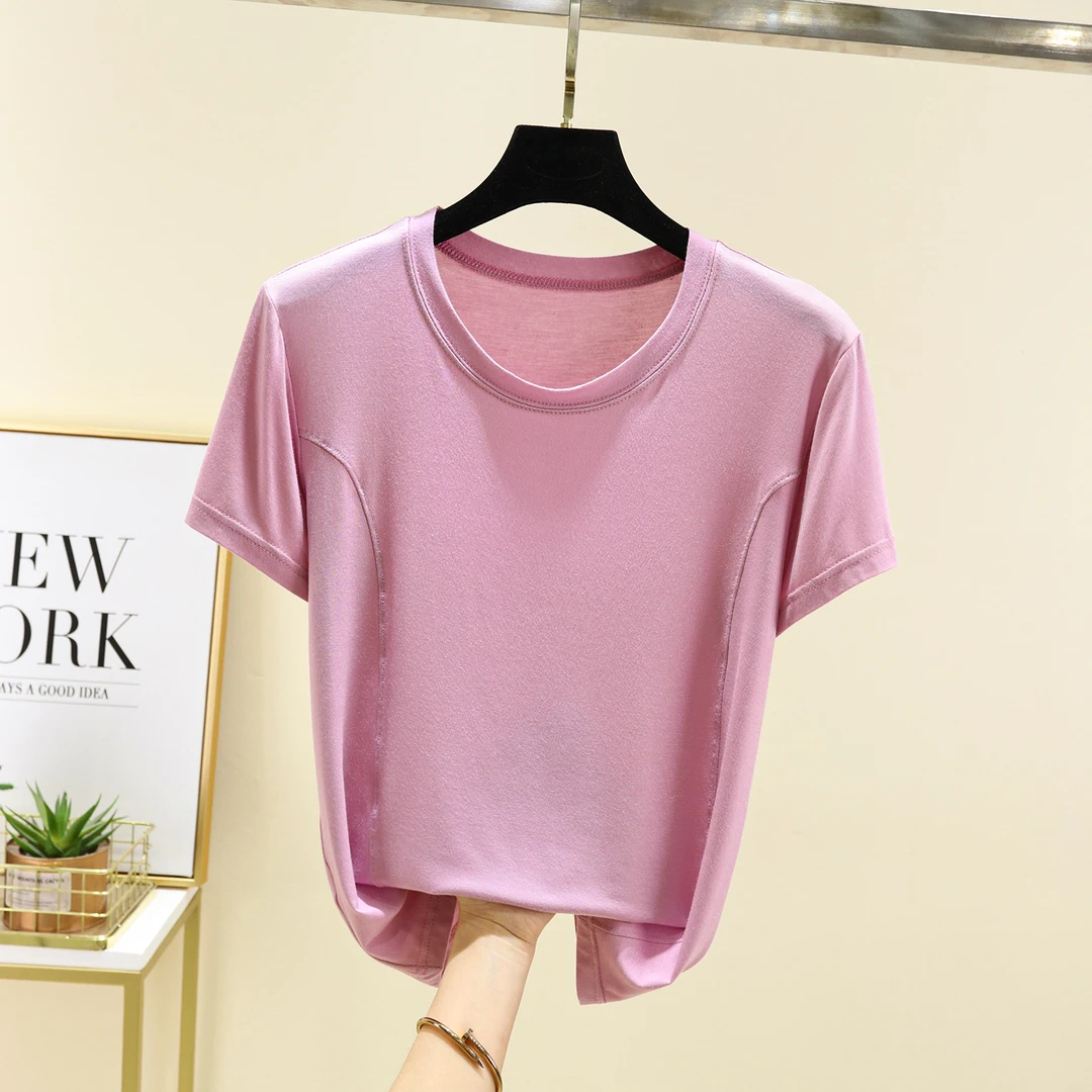 莫代尔拼接短袖T恤女内搭新款夏季薄款收腰圆领纯色洋气外穿上衣
