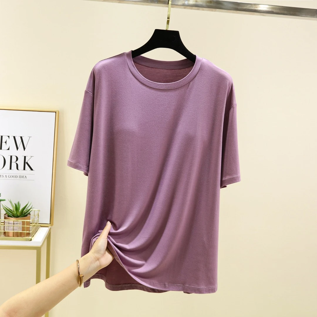 2025莫代尔女夏季薄款短袖短裤七分裤带胸垫大码女装T上衣可外穿