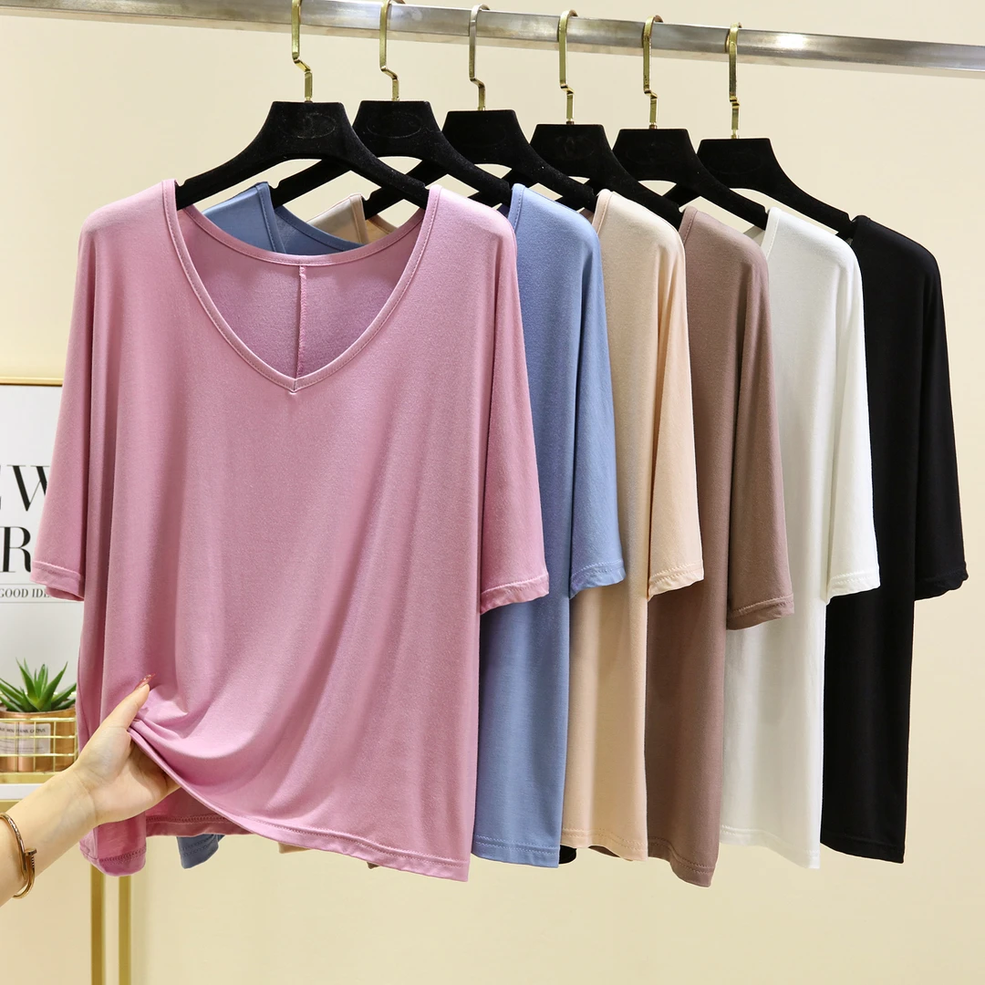 莫代尔短袖T恤女内搭2023新款夏季薄宽松打底衫百搭纯色半袖上衣