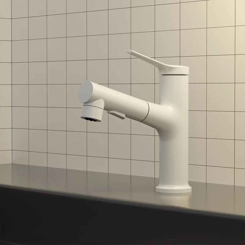 白色抽拉式冷热旋转水龙头双出水可漱口网红款式百搭卫生间洗漱台