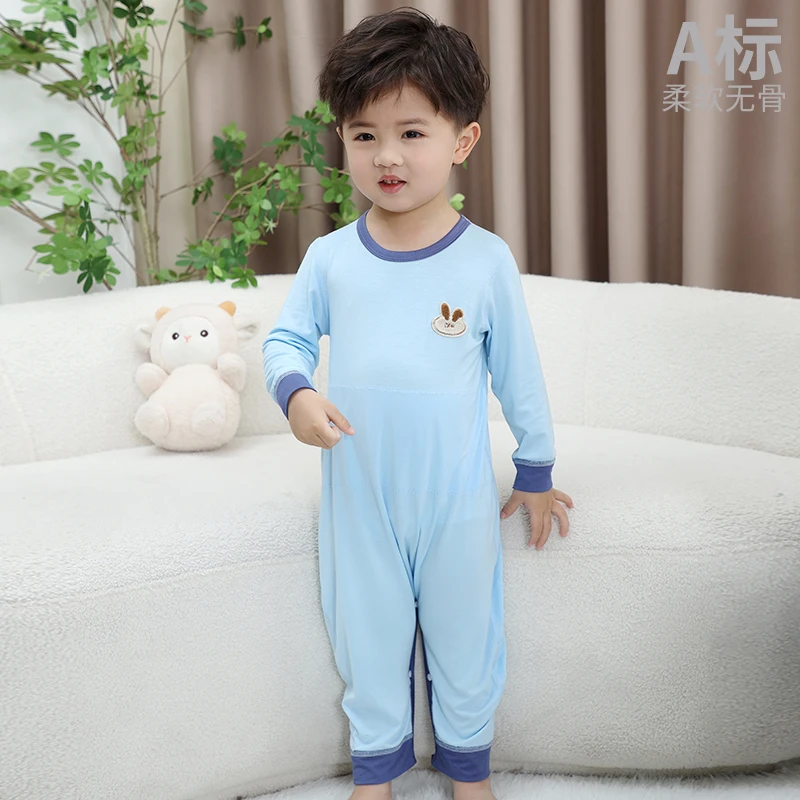 婴儿衣服双层护肚睡衣春夏薄款长袖男女儿童空调服新生儿连体衣