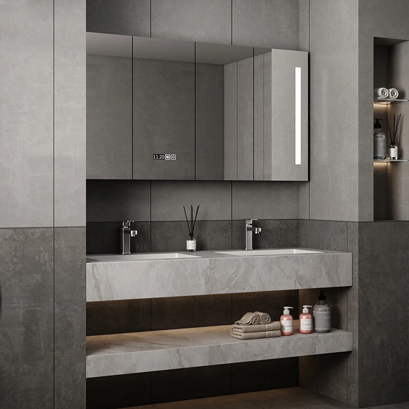 【陶瓷无缝盆-双盆】现代轻奢上下双层岩板一体盆双盆浴室柜组合