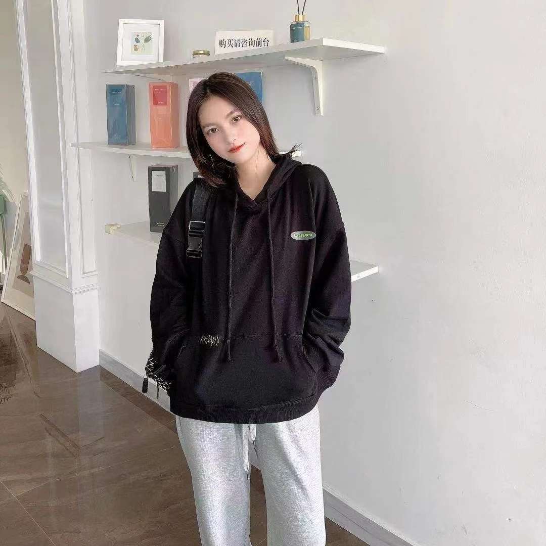 自制贴标慵懒宽松纯棉卫衣2022年新款春秋带帽刺绣连帽卫衣女