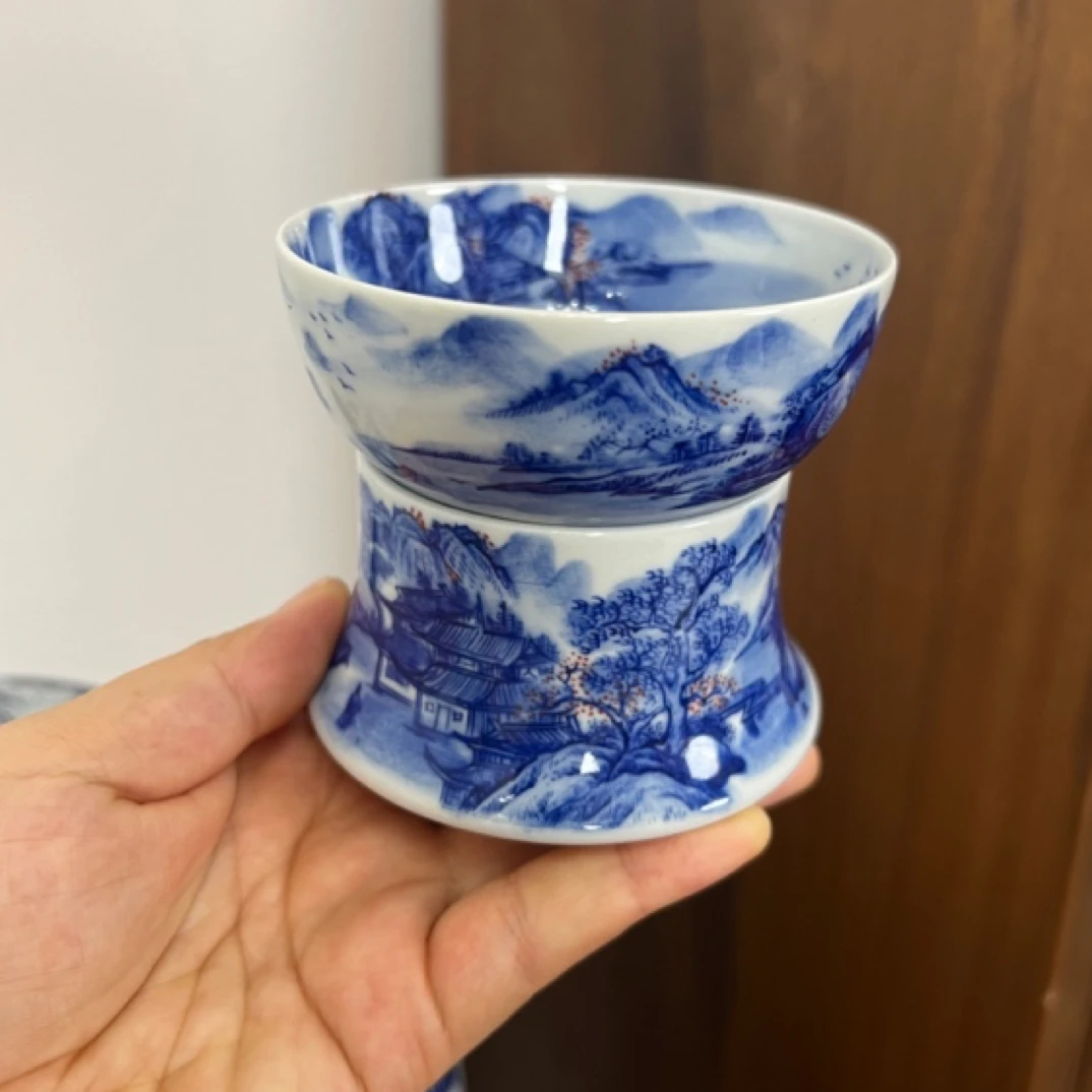 青律堂 青花手绘山水柴窑茶漏过滤器 全手工手绘
