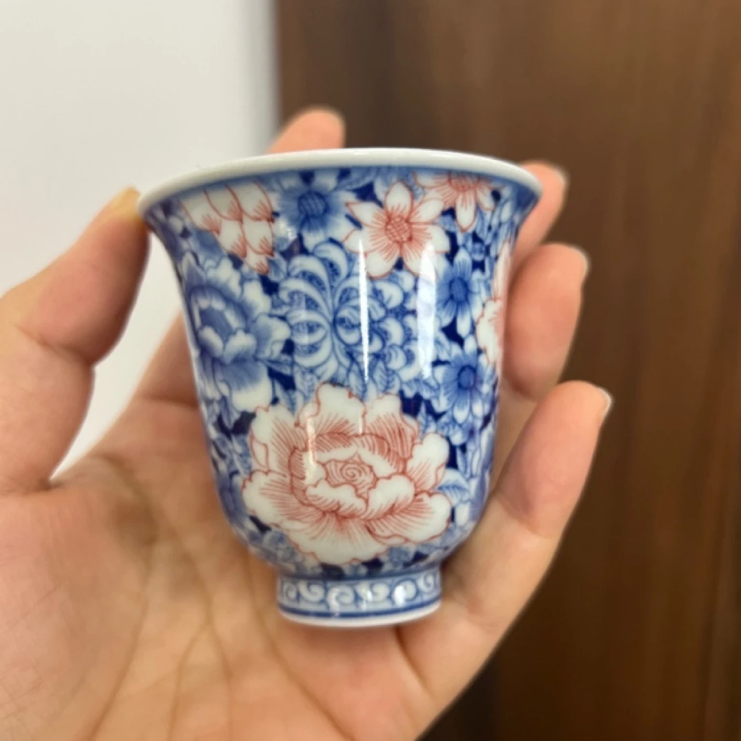 景德镇陶瓷全手工手绘釉下青花万花闻香杯