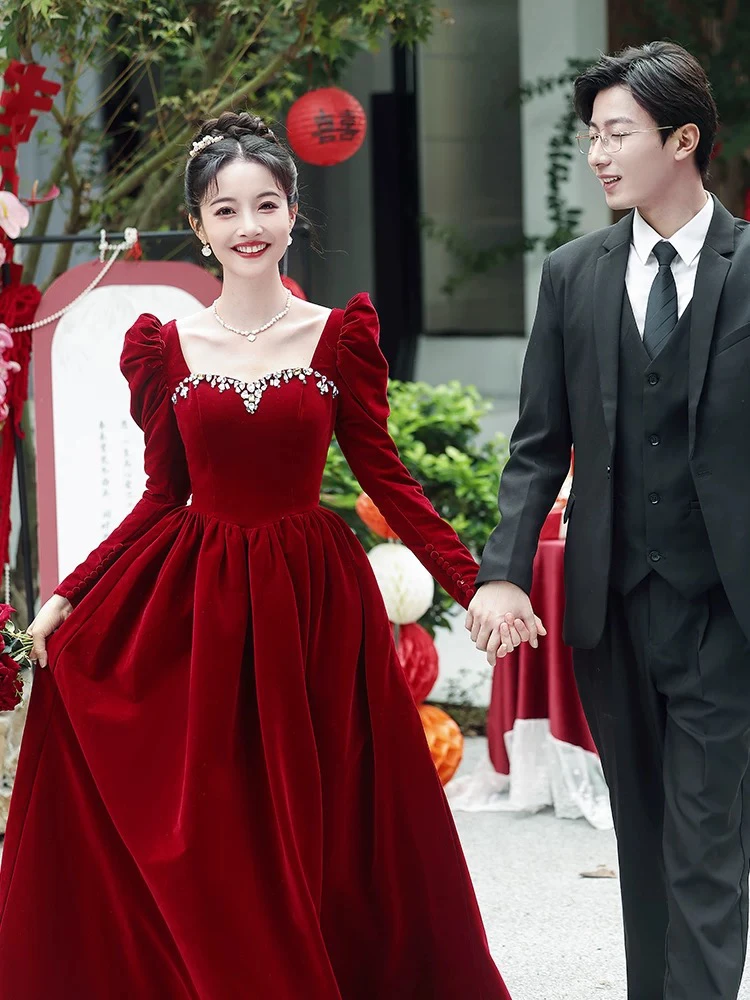 敬酒服新娘红色新娘战袍高级晚礼服平时订婚可穿法式订婚礼服女