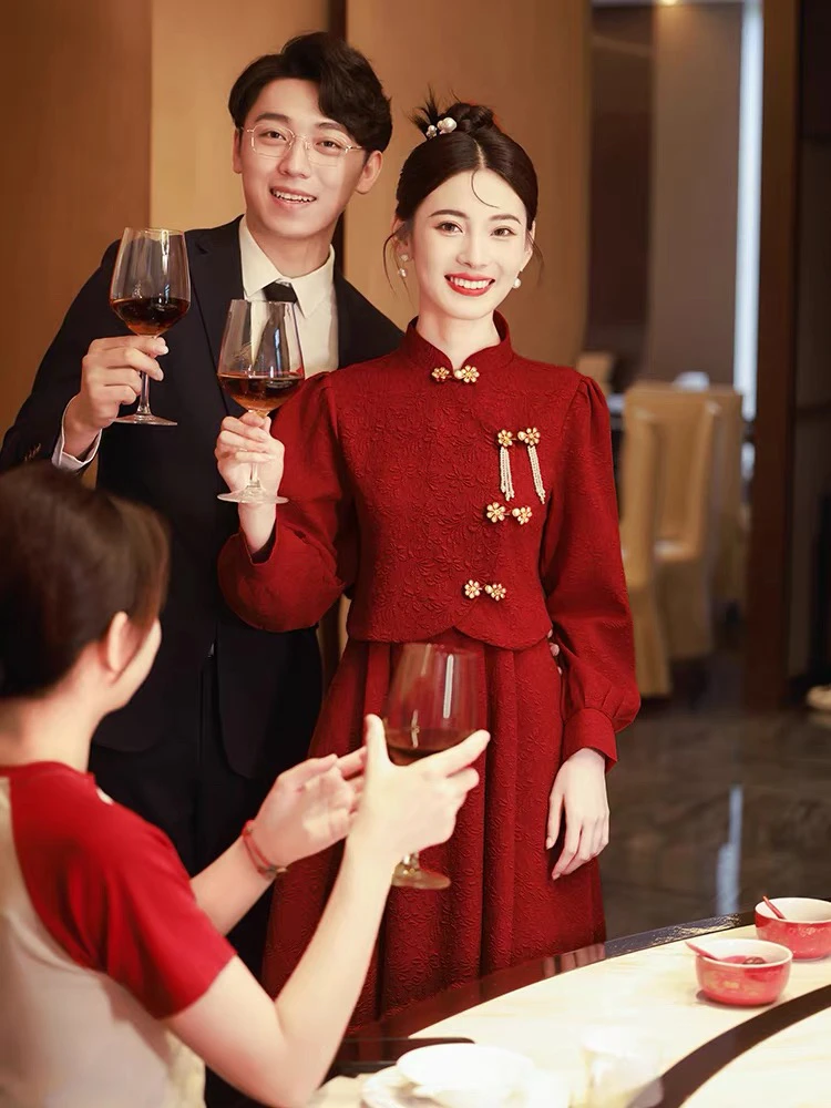 新中式旗袍敬酒服新娘红色回门连衣裙小个子订婚礼服秋冬长袖便装