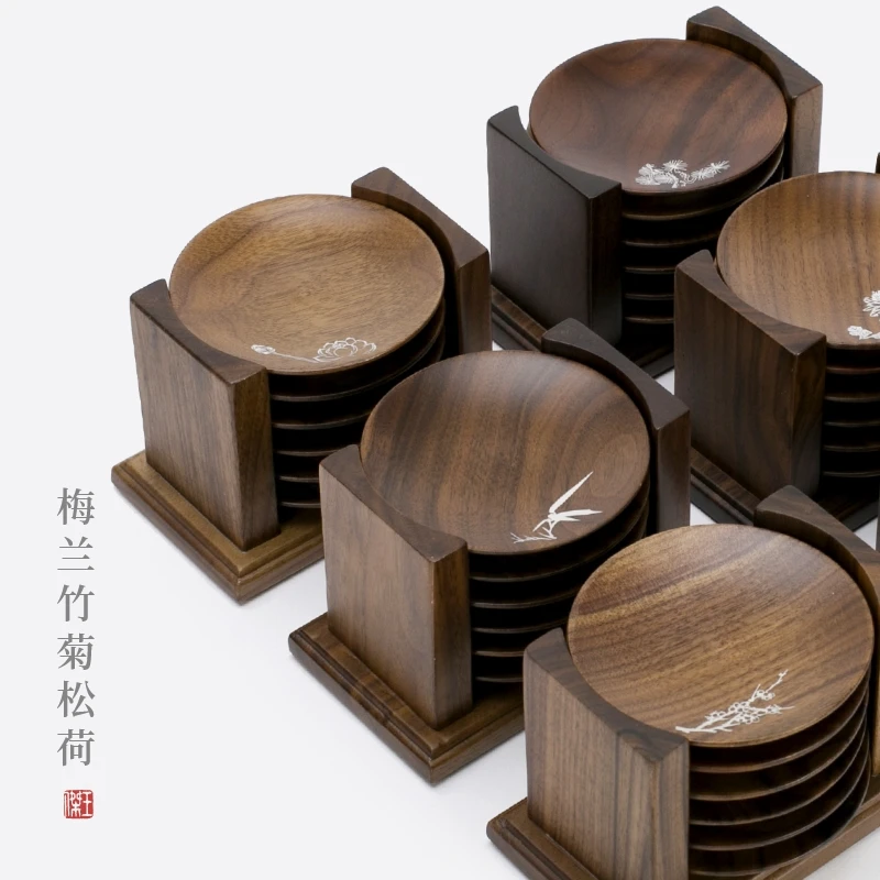 拾舍北美黑胡桃茶杯垫梅兰竹菊中式防烫隔热杯碗垫茶杯架圆形实木