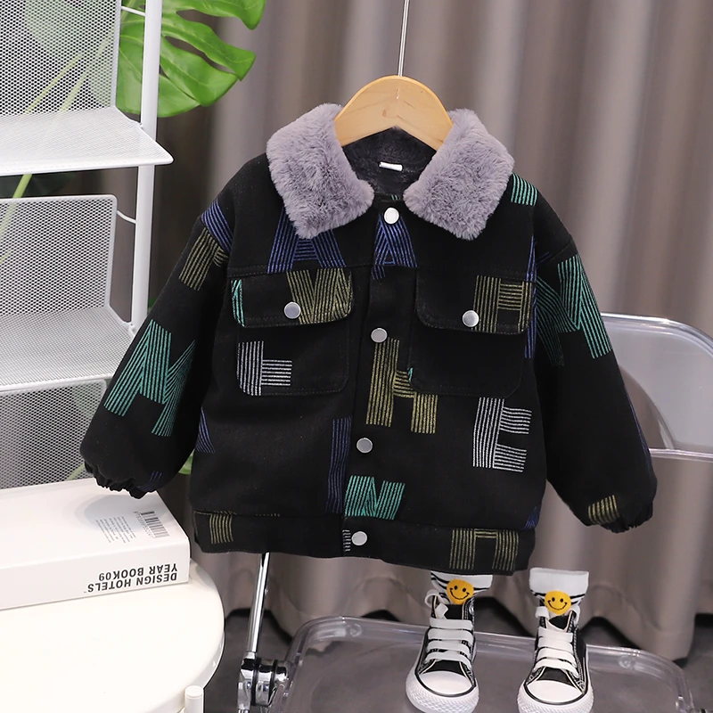 男童加绒牛仔外套韩版儿童洋气加厚夹克上衣小童秋冬装女宝宝衣服