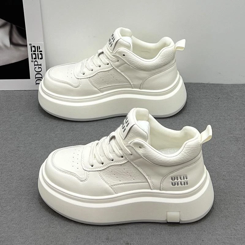 万达撤柜头层牛皮高帮鞋小白鞋女2025新款春季季显瘦棉鞋保暖百搭