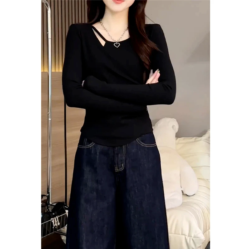 【现货】秋冬黑色内搭打底衫设计感小众长袖t恤女修身百搭显瘦上衣