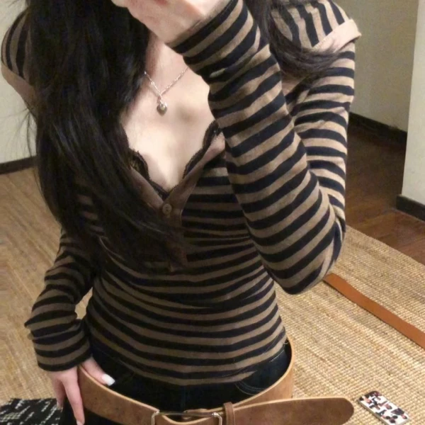 韩系半开领连帽条纹长袖t恤女秋冬高级感甜辣妹修身内搭打底上衣