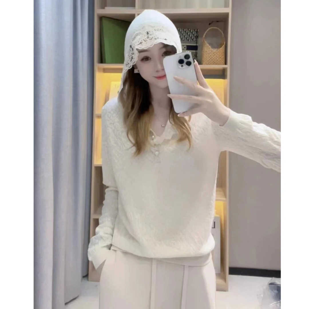 法式气质高级感连帽衫2025秋冬新款法式时尚蕾丝连帽休闲针织上衣