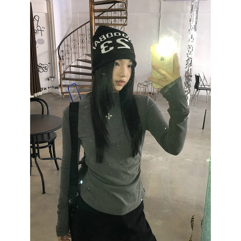 【星河】秋季甜酷亮闪闪百搭修身立领T恤女秋冬高级感显瘦打底上衣