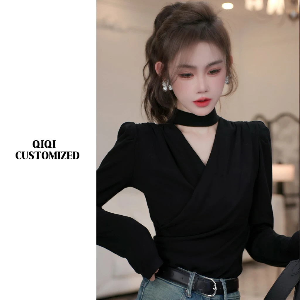 黑色设计感挂脖v领长袖打底衫女秋季短款小个子气质短款小衫上衣