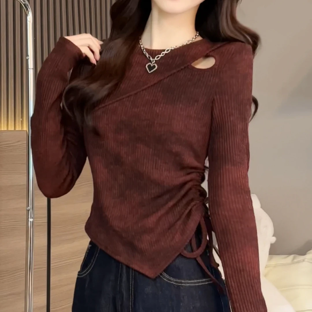 红色辣妹设计感保暖内搭打底衫女秋冬时尚百搭不规则修身打底衫