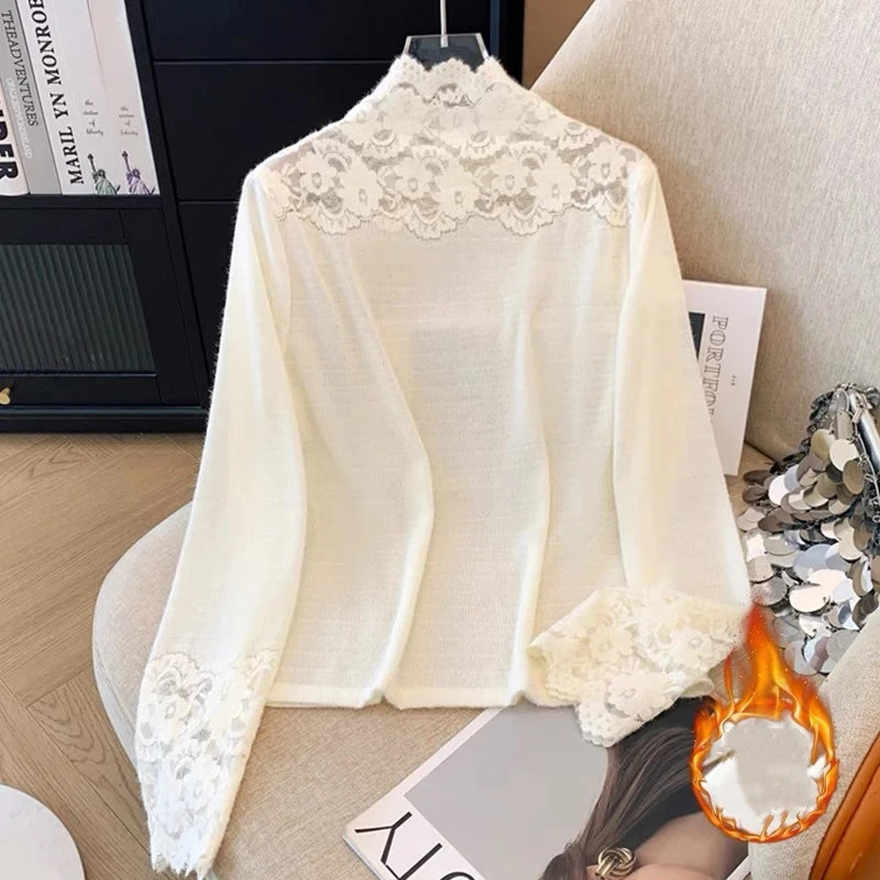 韩系高领蕾丝钩花打底衫女秋冬高级感配皮草内搭名媛风网纱上衣潮