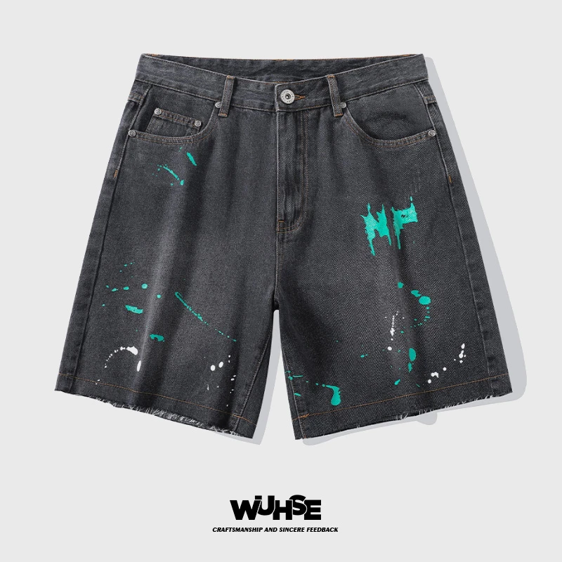 WUHSE/物设“NSP”黑色五分牛仔短裤潮街头直筒裤泼墨印花牛仔裤子