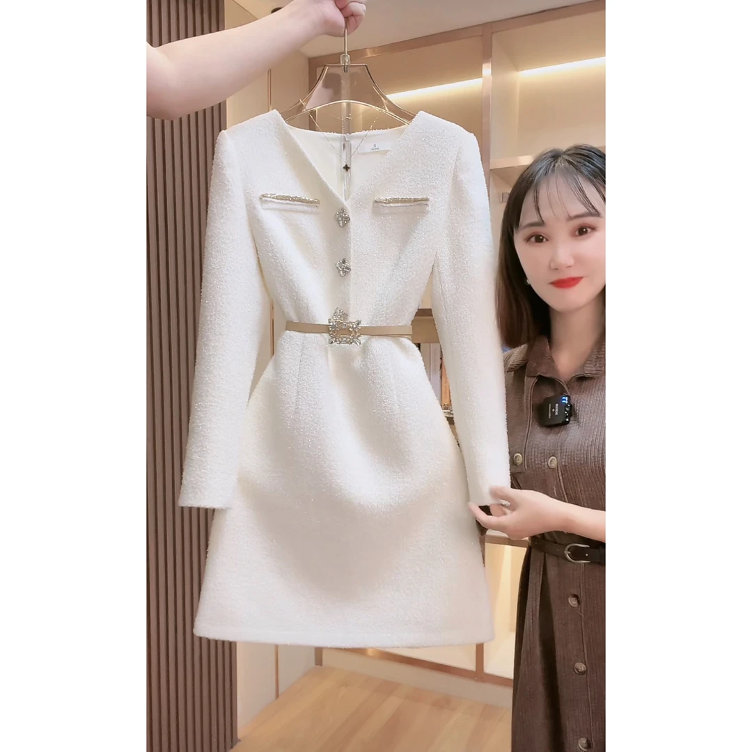 【门店飞】6791囯内设计师品牌女装气质收腰长袖连衣裙