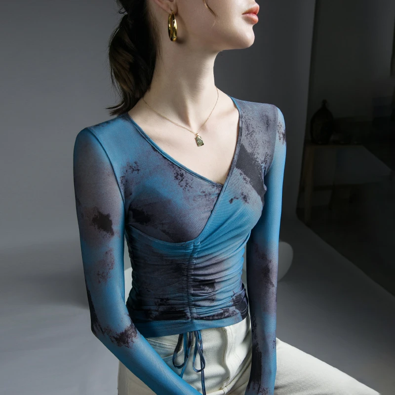 交叉V领抽绳拉丁舞蹈服上衣春秋新款2024摩登舞网纱洋气印花长袖