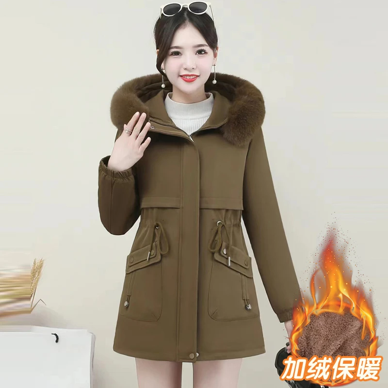 加绒加厚连帽派克服女2024冬季妈妈装保暖毛领中长款棉衣棉服外套