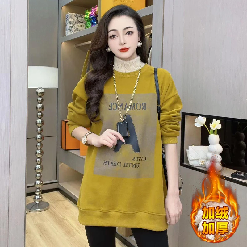 加厚含棉中长款休闲卫衣女2024年冬季新款时尚减龄显瘦半高领上衣
