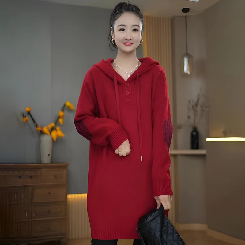 洋气休闲连帽毛衣女2024年秋冬新款宽松百搭大码中长款长袖针织衫