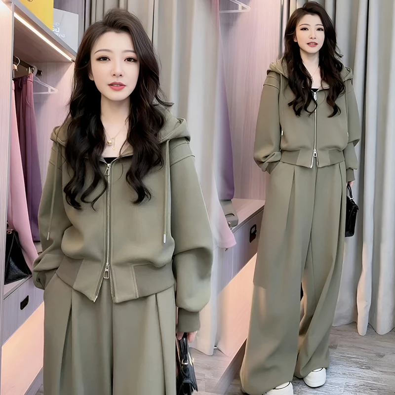 休闲慵懒风套装女2025年春秋季新款百搭连帽拉链卫衣阔腿裤两件套