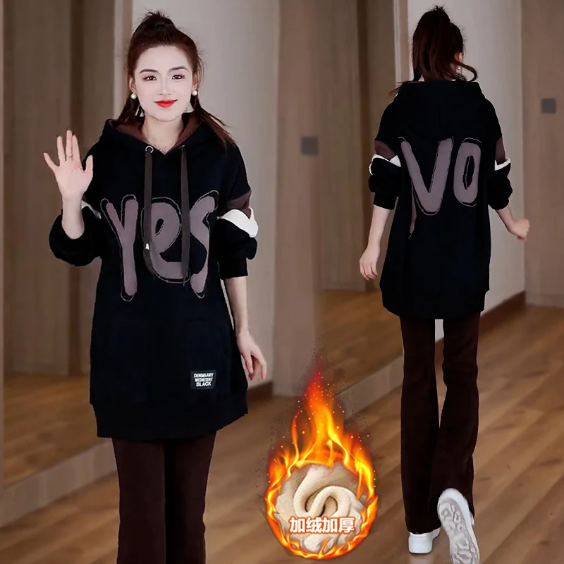 加绒加厚连帽字母印花卫衣女2024冬季新款宽松时尚韩版中长款上衣