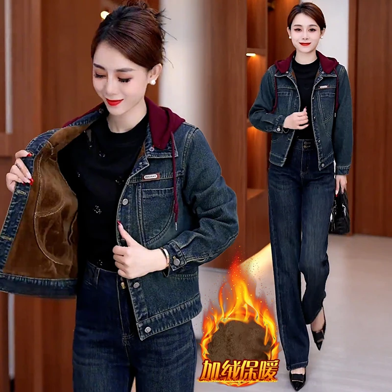 加绒加厚休闲连帽牛仔短外套女2024年冬季新款小个子气质减龄上衣