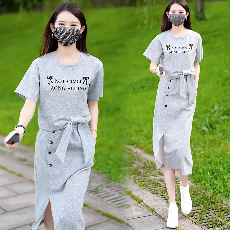 高含棉时尚女士套装2024年夏季新款气质百搭短袖运动风裙子两件套