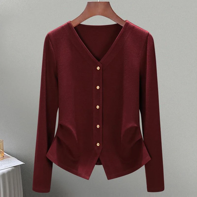 高含棉2025春秋季新款高级感V领长袖T恤女收腰显瘦单排扣打底衫