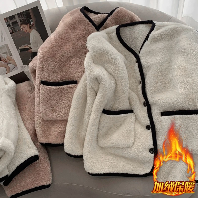 2024年秋冬新款双面加绒加厚套装女宽松单排扣上衣直筒裤两件套潮