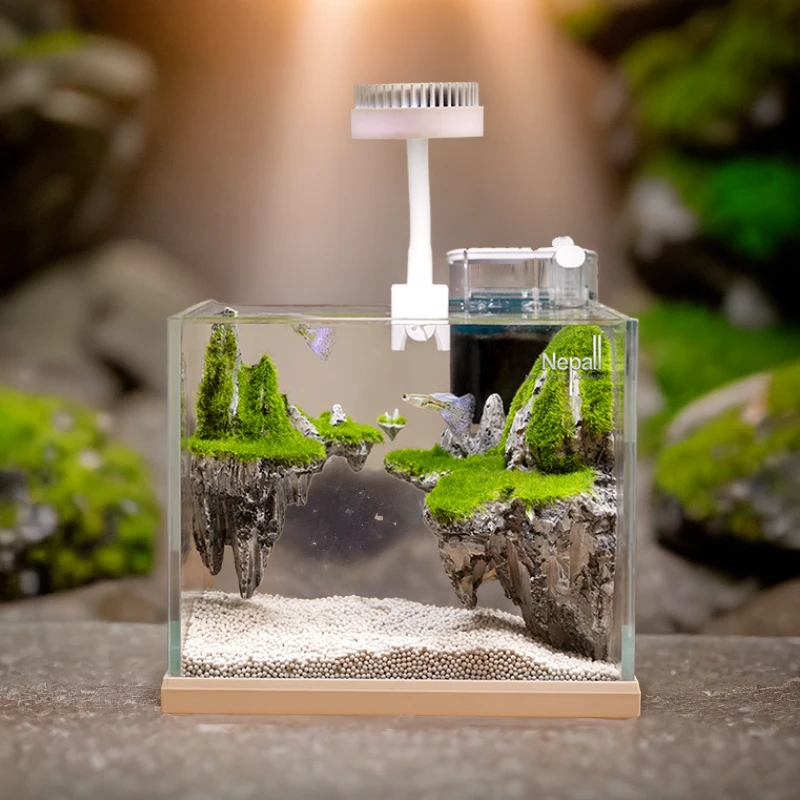 办公室小鱼缸天空之城金鱼水族办公桌面养鱼装饰造景高品质轻奢