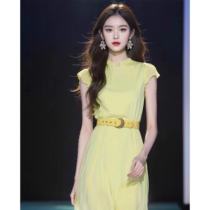 桔梗法式气质绝美雪纺长裙高端精致超好看黄色收腰连衣裙子女夏季