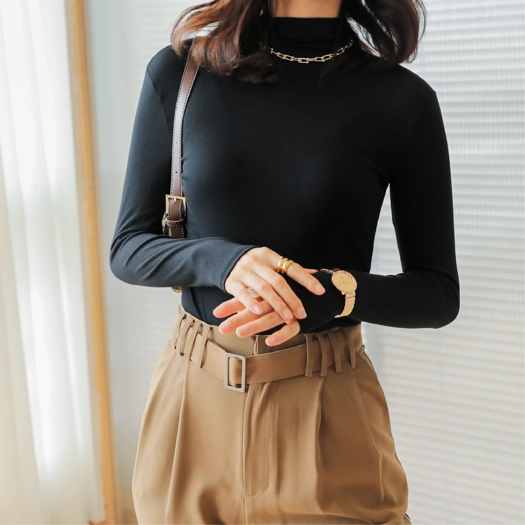 春秋新款半高领打底衫长袖时尚立领显瘦薄款百搭修身高弹保暖